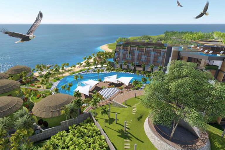 Phối cảnh khu nghỉ dưỡng ven biển có cánh buồm bạt che hồ bơi