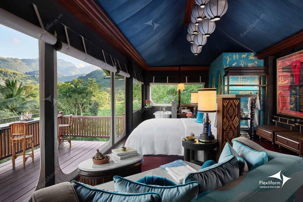 Bạt căng nội thất được ứng dụng làm vách và cửa sổ trong dự án Rosewood Luang Prabang
