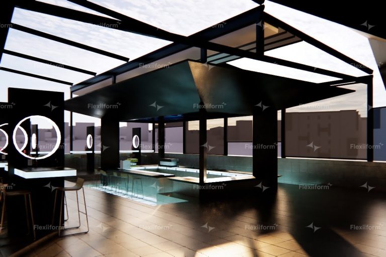 Phối cảnh mái xếp di động Flexiiform khung thép đen trên quầy bar sân thượng, Zion Sky Lounge