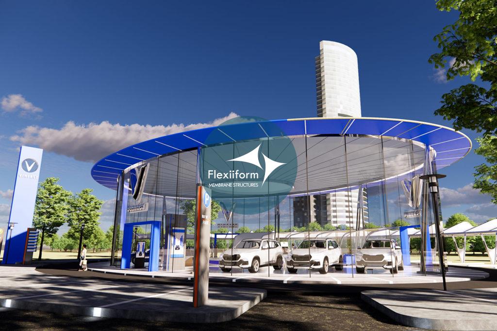 Vinfast_mái che bạt căng showroom với form dáng oval tối ưu khí động học