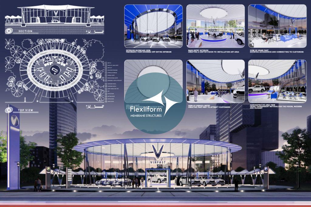 Toàn cảnh thiết kế showroom xe Vinfast của Flexiiform với mái che bạt căng
