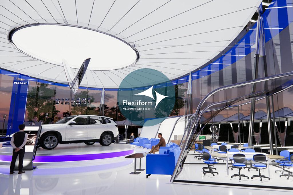 Vinfast_mái che bạt căng showroom ứng dụng công nghệ và vật liệu thân thiện môi trường