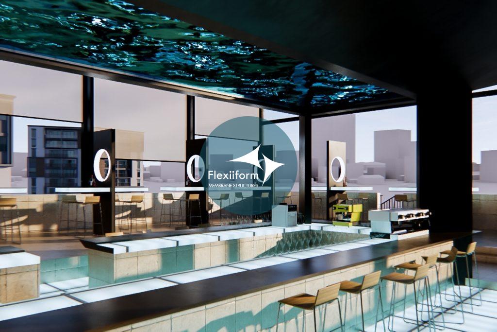 Tổng quan dự án mái che sân thượng di động tại Zion Sky Lounge.