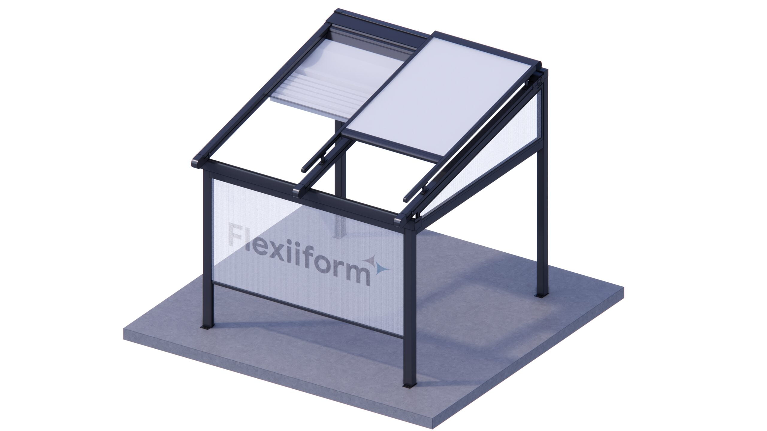 Mô hình 3D hệ Combine: mái bạt xếp và tấm mái trượt trên khung nhôm, vách kính in chữ Flexiiform