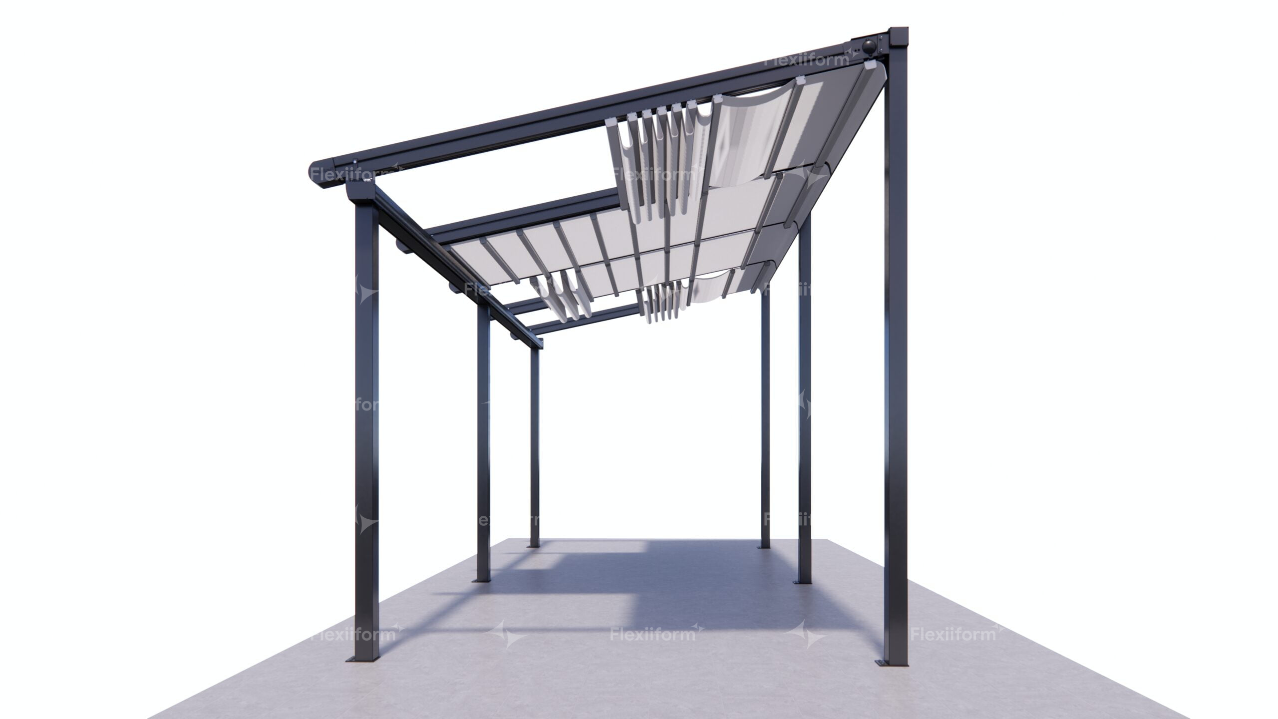 Mô hình 3D hệ Folding của Flexiiform: mái bạt xếp nếp trên ray nhôm xám, bốn cột, nền bê tông