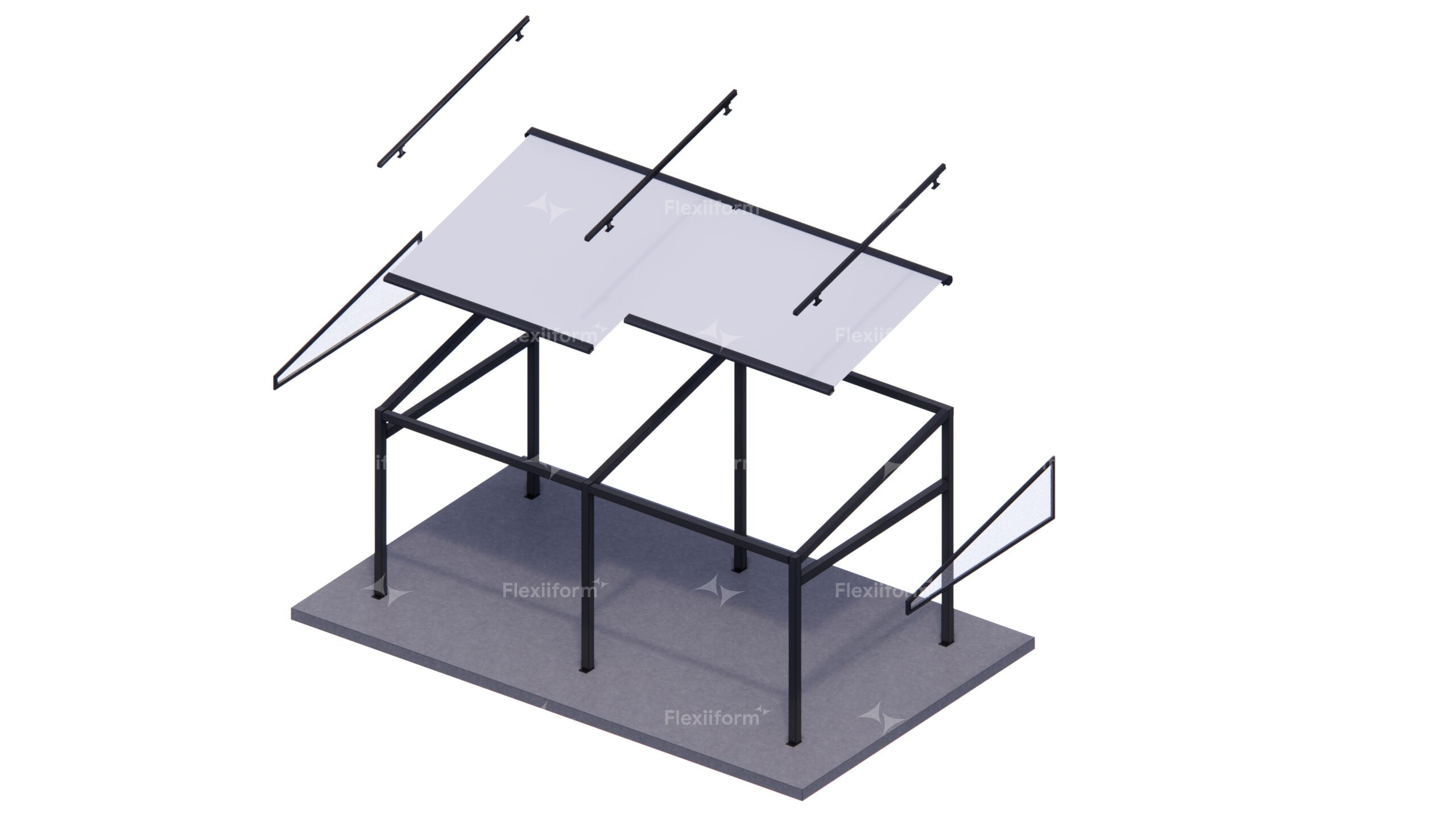 Mô hình tách lớp mái che Sliding Flexiiform: khung thép đen, tấm bạt mái, thanh ray và vách tam giác tách rời