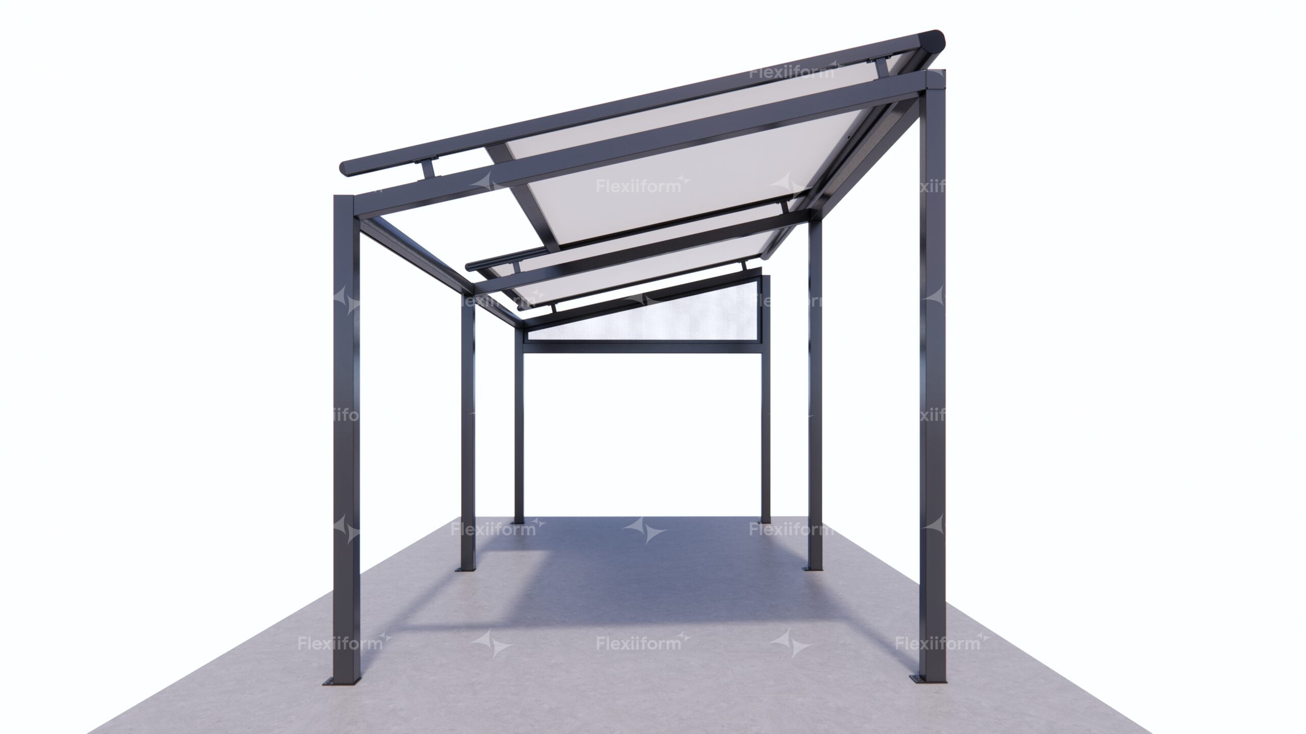 Mô hình mái che Sliding Flexiiform nhìn dọc từ đầu hồi: khung đen, các tấm bạt trắng xếp lớp trượt trên ray dốc