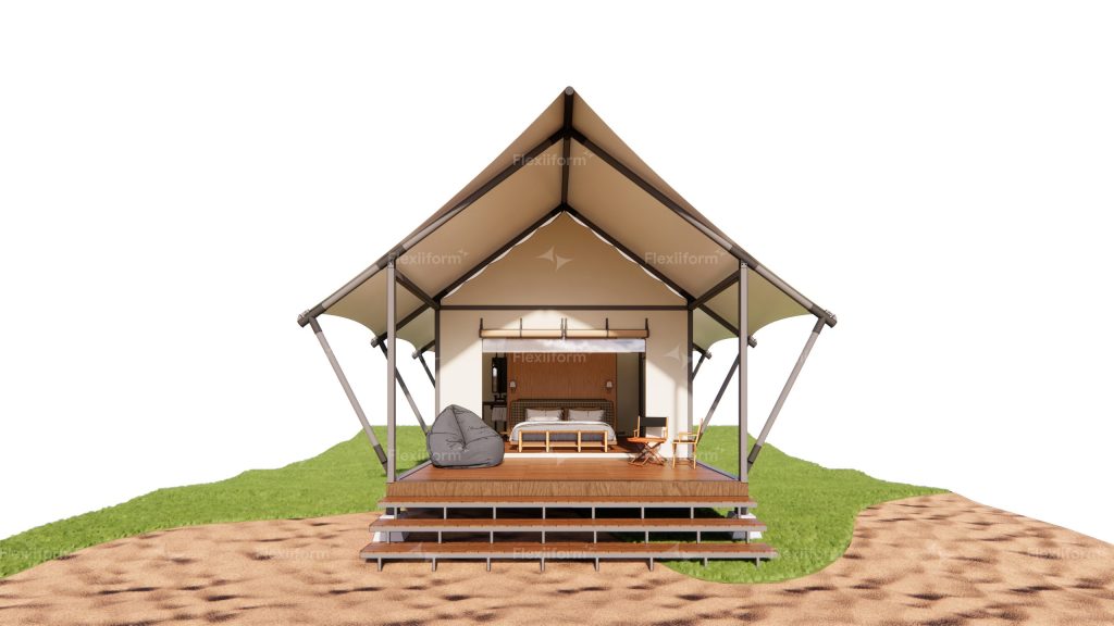 Phối cảnh lều A Tent của Flexiiform: mái chữ A bạt kem trên khung thép, phòng ngủ mở ra sàn gỗ có ghế lười, trên đồi cỏ