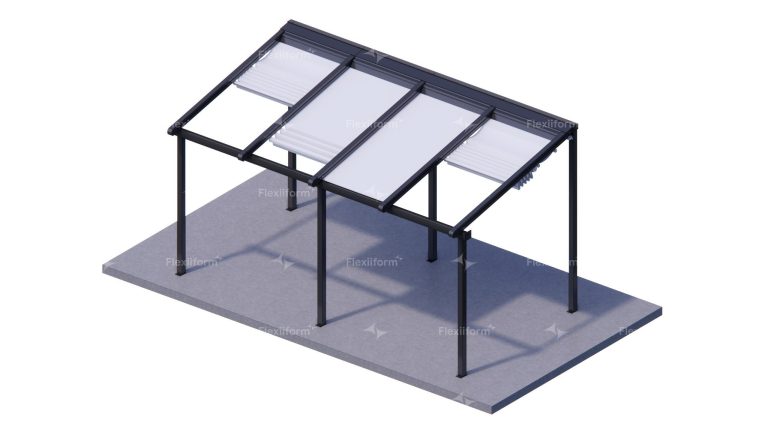Phối cảnh mái xếp Folding của Flexiiform: khung nhôm đen bốn cột, ba dải bạt trắng xếp gấp trên mái dốc, một dải đang thu