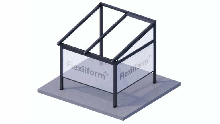 Phối cảnh hệ Roller Blind của Flexiiform: khung nhôm đen mái dốc, hai vách bạt cuốn trong mờ in logo công ty hạ nửa chừng
