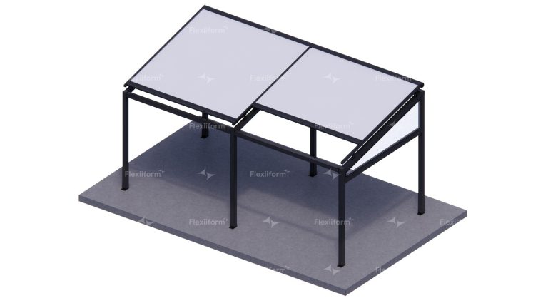 Phối cảnh mái trượt Sliding của Flexiiform: khung nhôm đen bốn cột, hai tấm bạt trắng phẳng trượt trên mái dốc, một vách bên