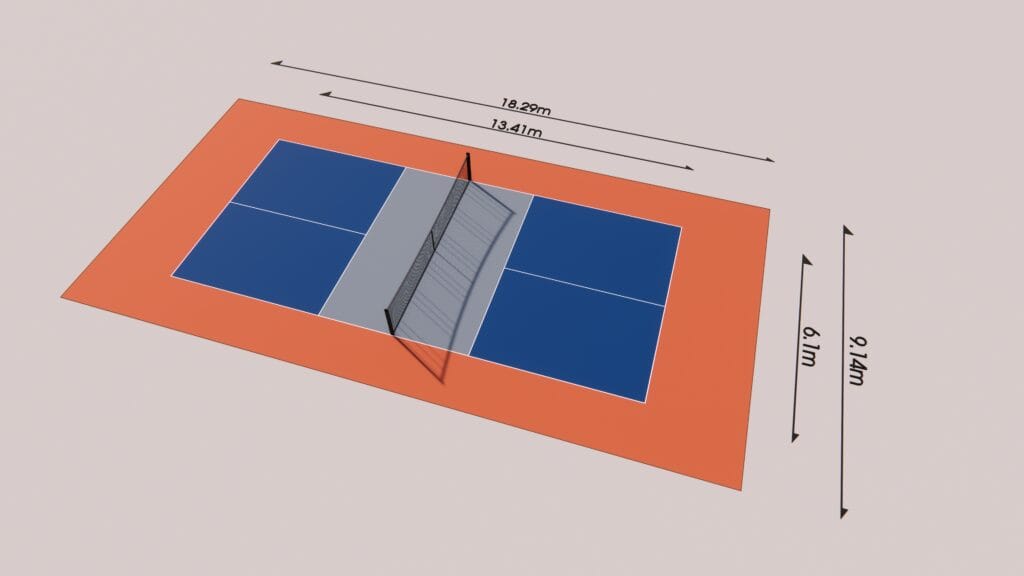 Mô hình 3D sân pickleball ghi kích thước 13,41 x 6,1 m và mặt sân 18,29 x 9,14 m