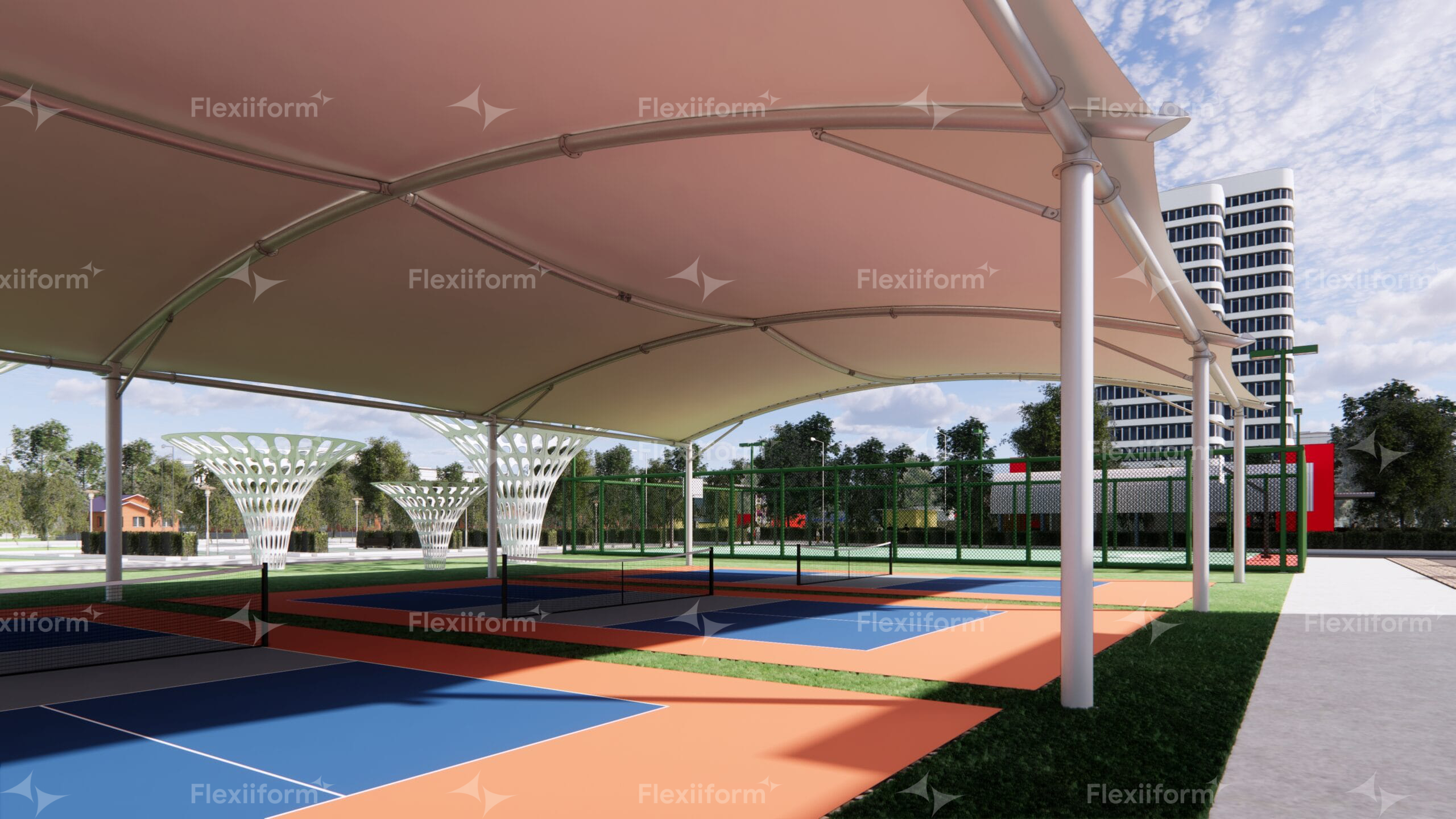 Open, optimal space under the canvas roof of the pickleball court