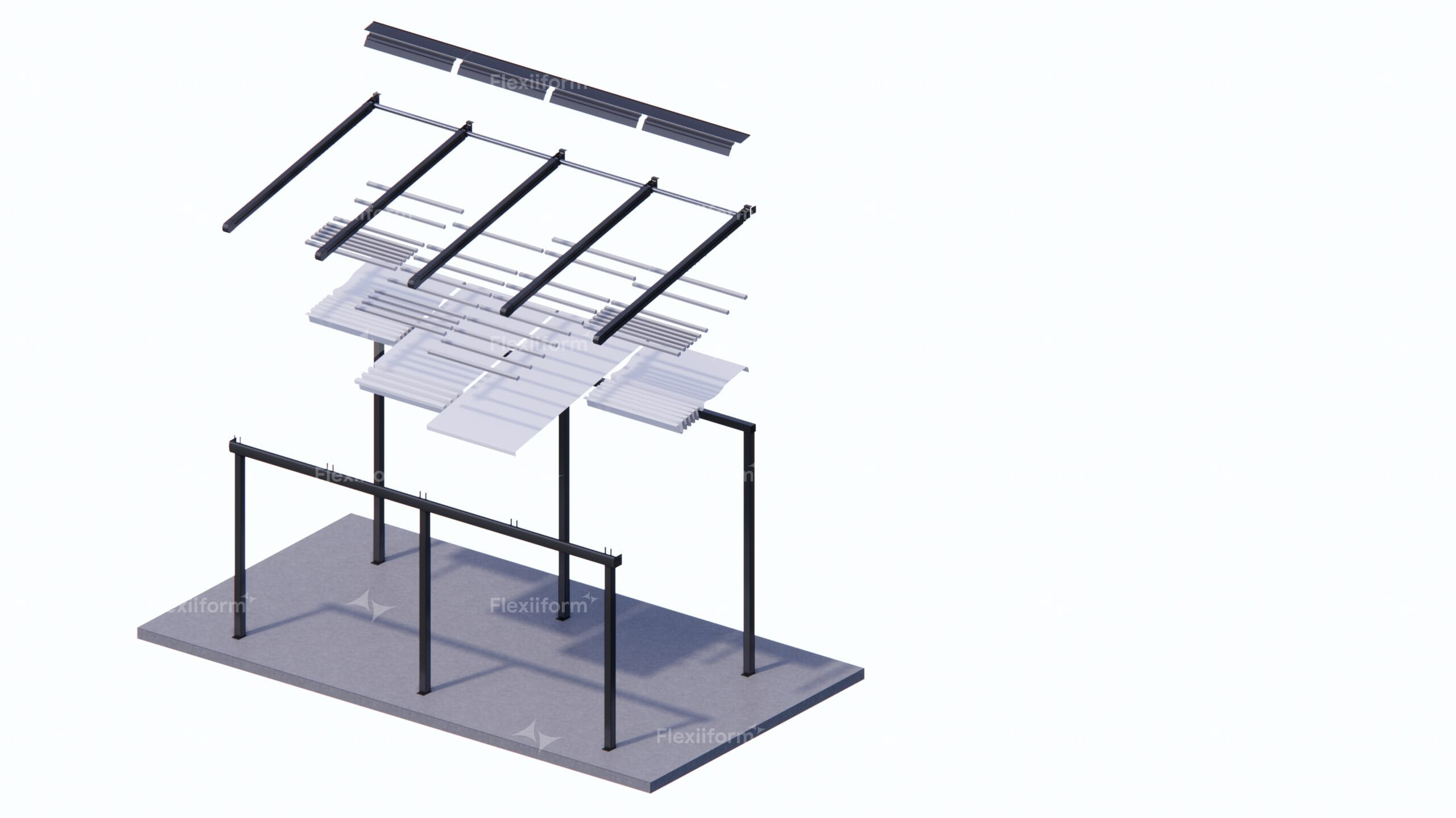 Sơ đồ tách lớp mái bạt xếp Folding của Flexiiform: ray motor, dầm thép, các dải bạt xếp nếp và bốn cột trên sàn bê tông