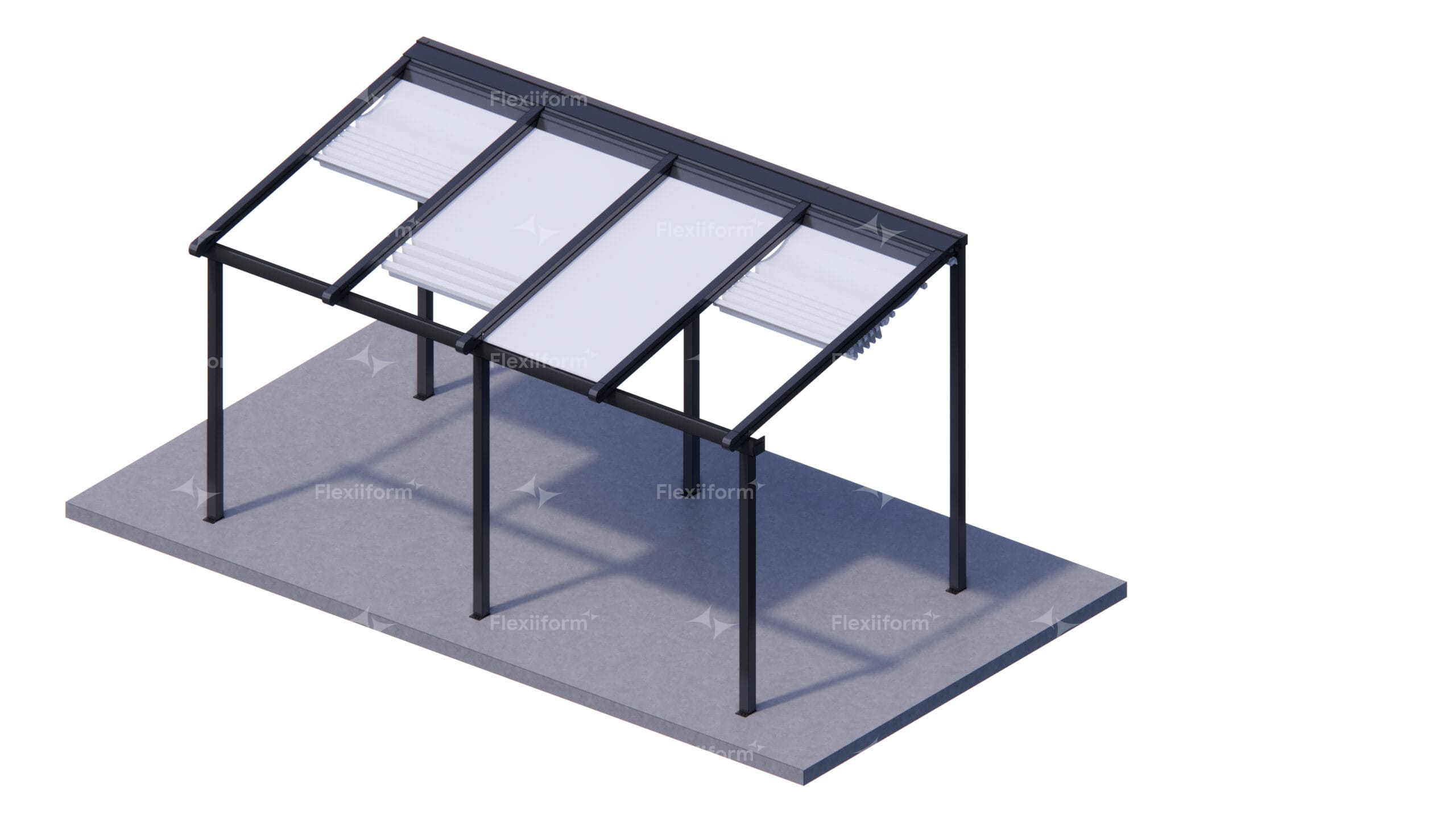 Phối cảnh mái xếp FlexiiSmart Folding của Flexiiform: khung nhôm đen, các tấm bạt gấp nếp trên ray