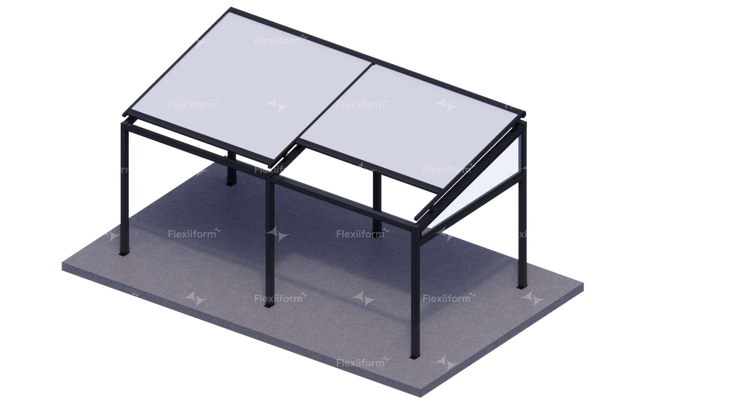 Phối cảnh mái trượt FlexiiSmart Sliding của Flexiiform: hai tấm bạt phẳng trên khung đen, một tấm trượt chồng