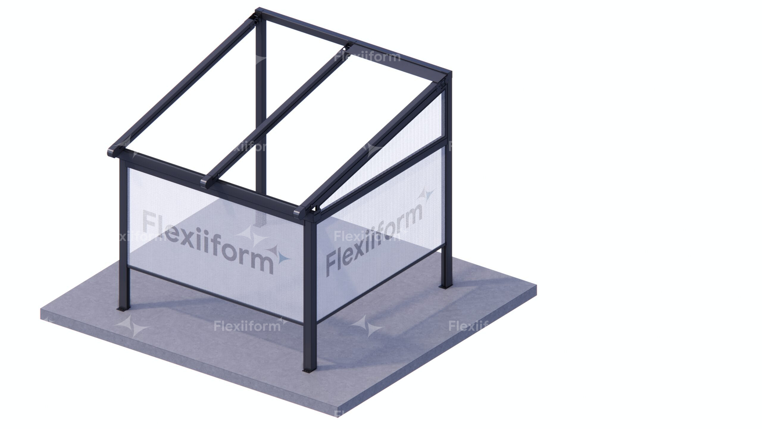 Phối cảnh khung mái FlexiiSmart Roller Blind có rèm cuốn trong suốt hạ xuống hai mặt bên, của Flexiiform