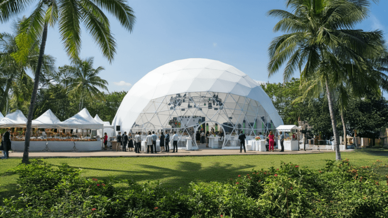 Dome sự kiện trắng giữa vườn cọ
