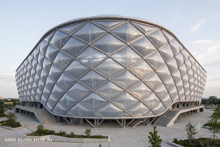 Ảnh minh hoạ AI: mặt ngoài sân vận động bọc gối ETFE trong suốt