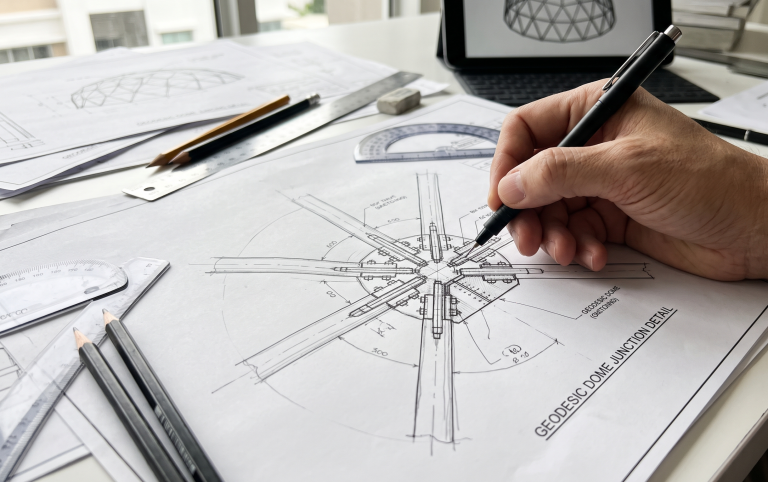 Ảnh minh hoạ: kỹ sư vẽ tay chi tiết nút liên kết dome geodesic trên bàn vẽ, không phải bản vẽ Flexiiform