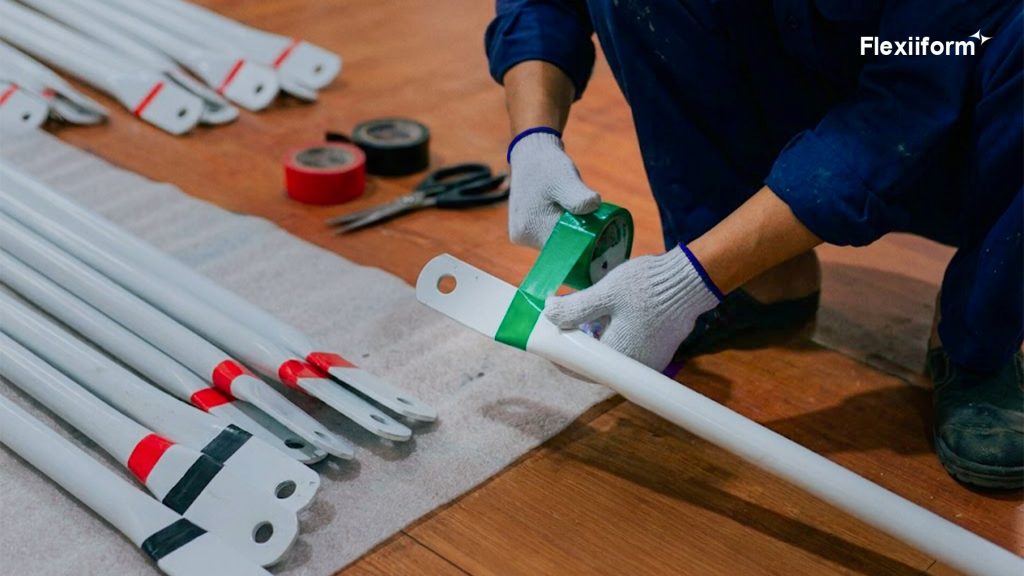 Công nhân Flexiiform dán băng màu đánh dấu đầu thanh khung dome tại xưởng