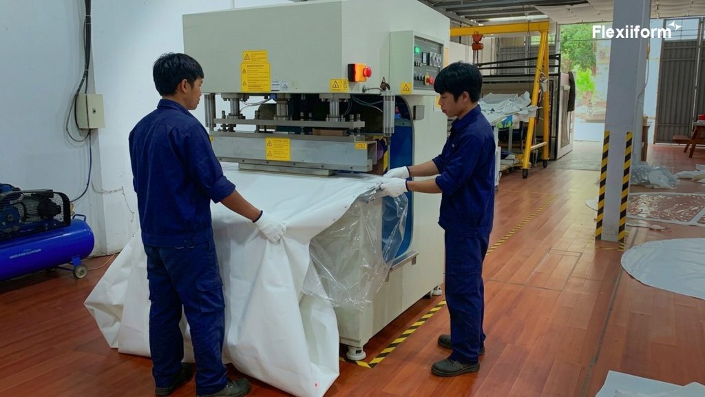 Hai công nhân hàn ghép tấm màng vỏ dome trên máy ép tại xưởng