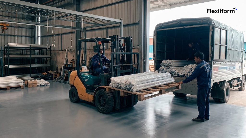 Xe nâng chất pallet thanh khung đã bọc lên xe tải tại xưởng Flexiiform